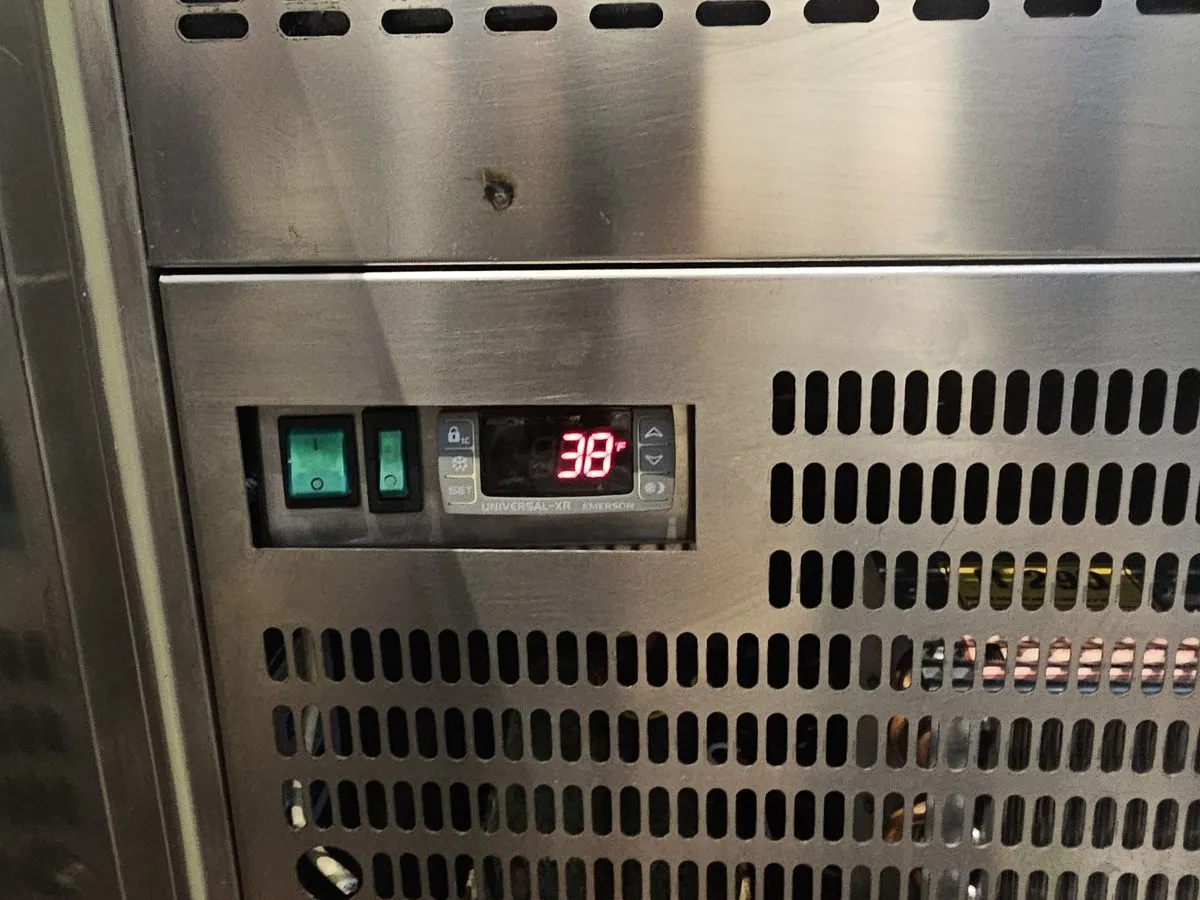Commercial cold storage unit with digital temperature controller in an NYC kitchen