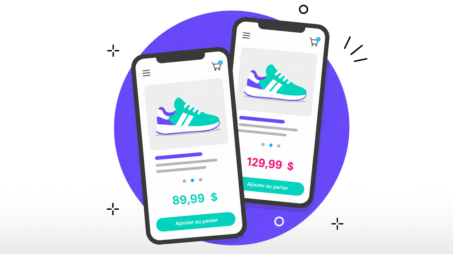 Une illustration de deux cellulaires un par dessus l'autre affichant un article de boutique en ligne n'ayant pas le même prix