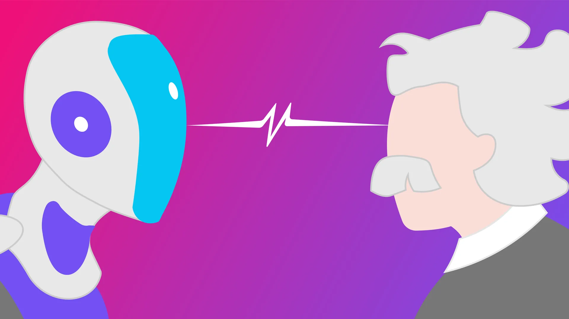 Illustration d'un robot et d'un personnage ressemblant à Albert Einstein se faisant face pour symboliser le savoir vs. l'apprentissage