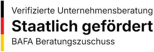 Text in German reading 'Verifizierte Unternehmensberatung Staatlich gefördert BAFA Beratungszuschuss' alongside vertical stripes in black, red, and yellow.