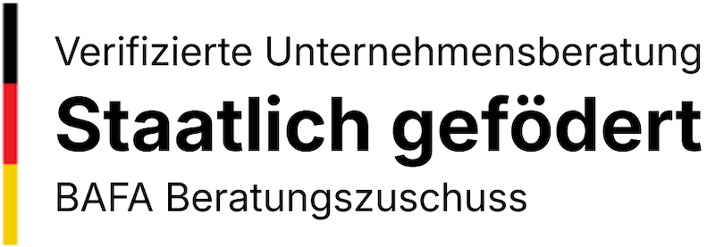 Text in German reading 'Verifizierte Unternehmensberatung Staatlich gefördert BAFA Beratungszuschuss' alongside vertical stripes in black, red, and yellow.