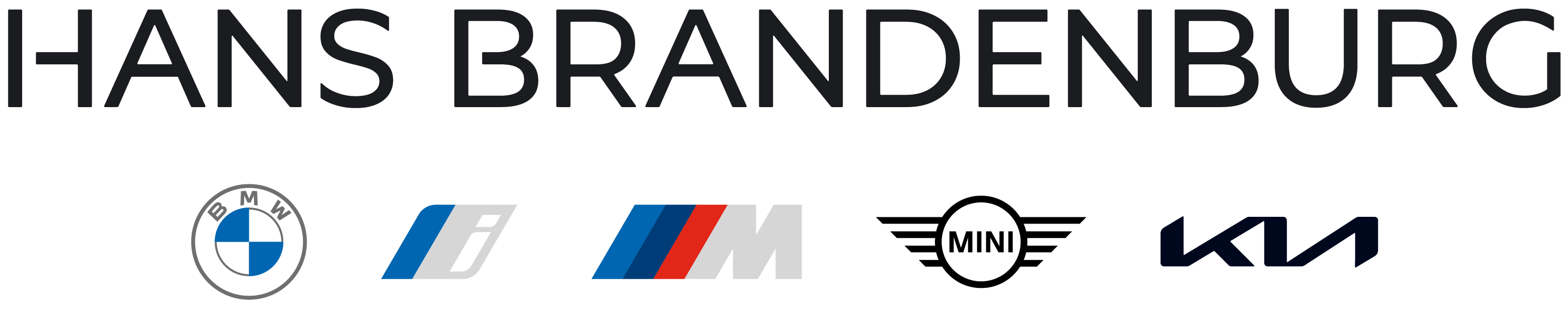 Text 'HANS BRANDENBURG' above logos of BMW, BMW i, BMW M, and Kia.