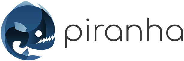 Stylized blue piranha fish logo next to the word 'piranha' in lowercase black letters.