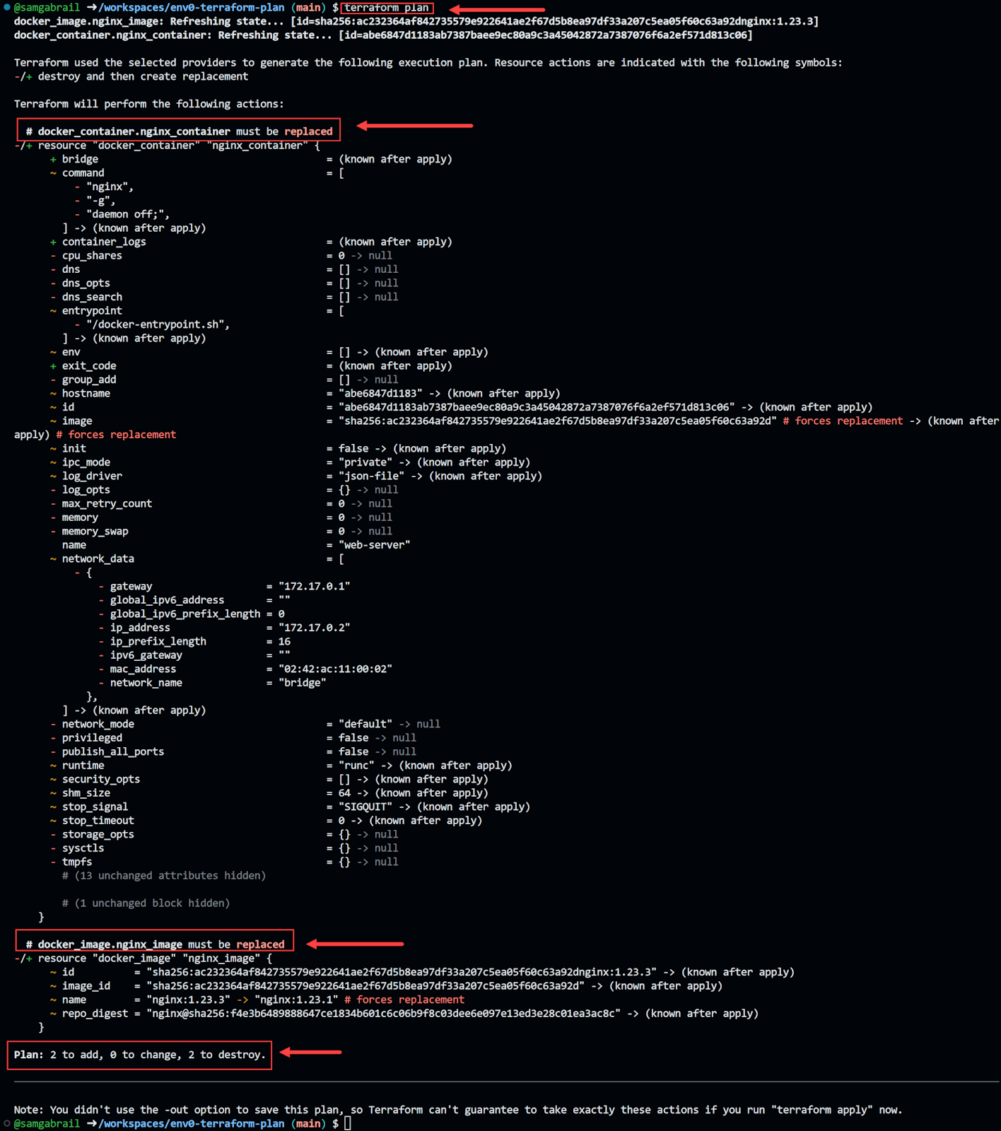 terraform plan replacing container and image