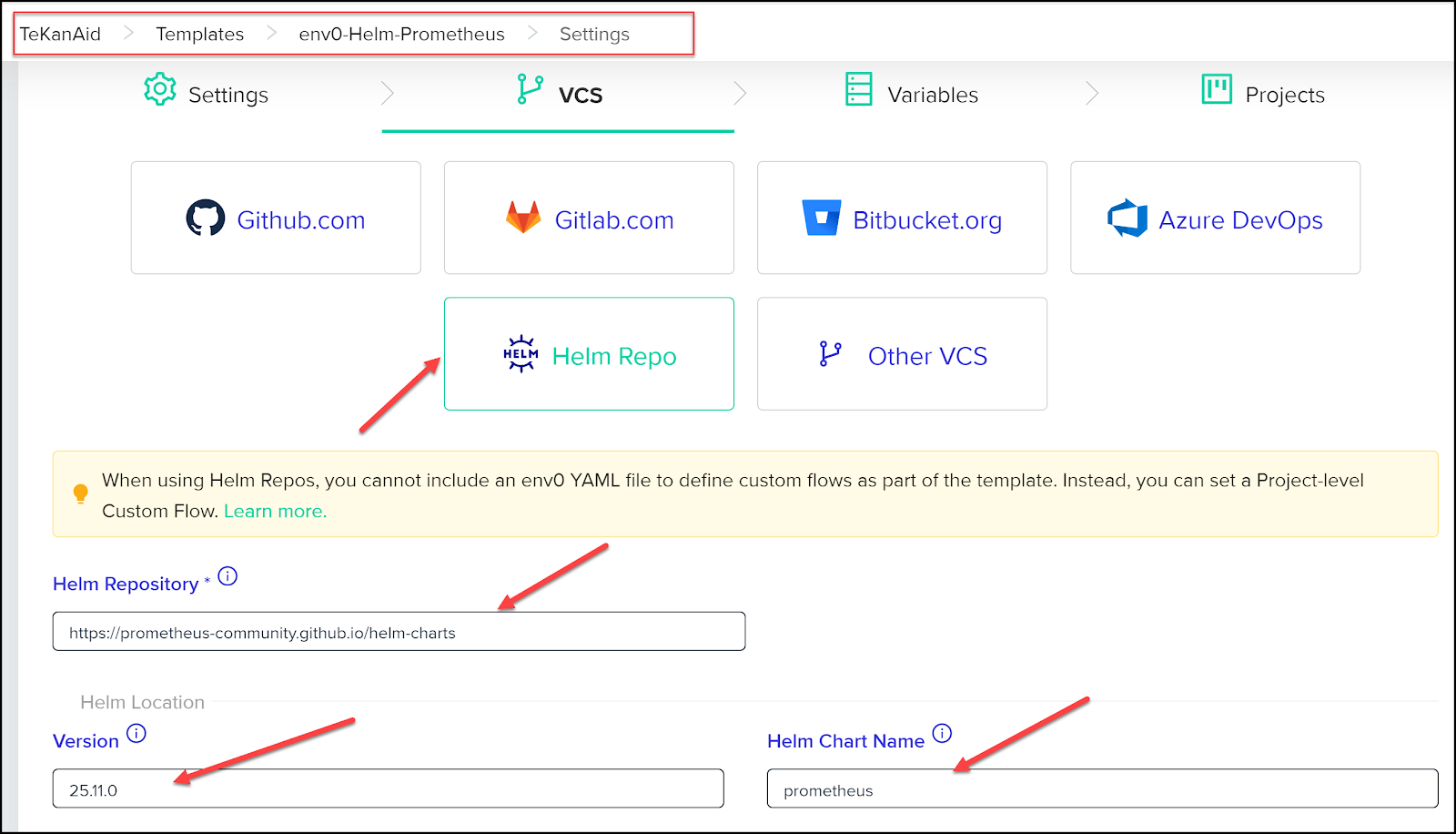env0 dashboard showing user picking helm repo