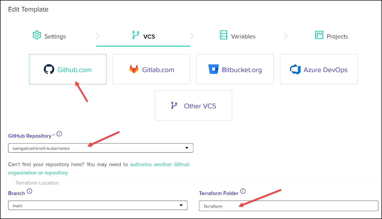 env0 dashboard showing the user choosing a github repot