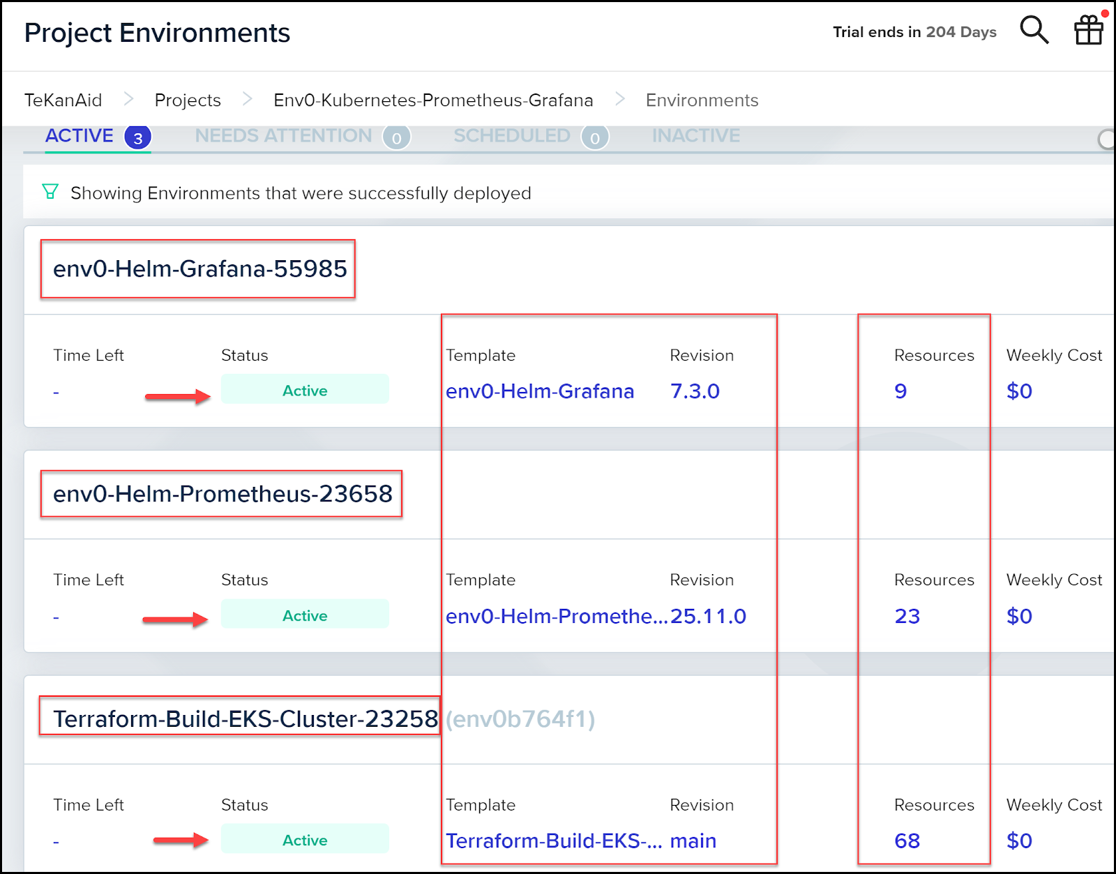 env0 dahsboard showing enviroments