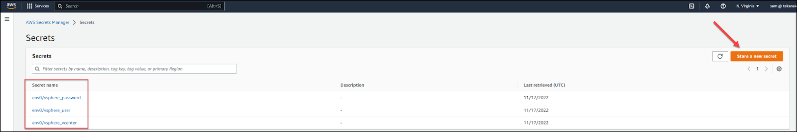 Adding vSphere credentials to AWS Secrets Manager