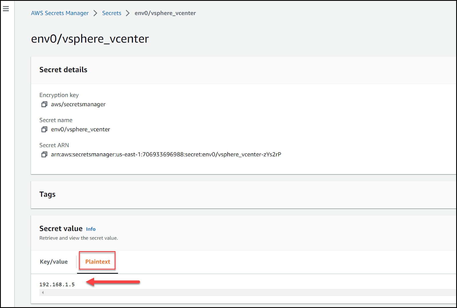 Adding vSphere credentials to AWS Secrets Manager