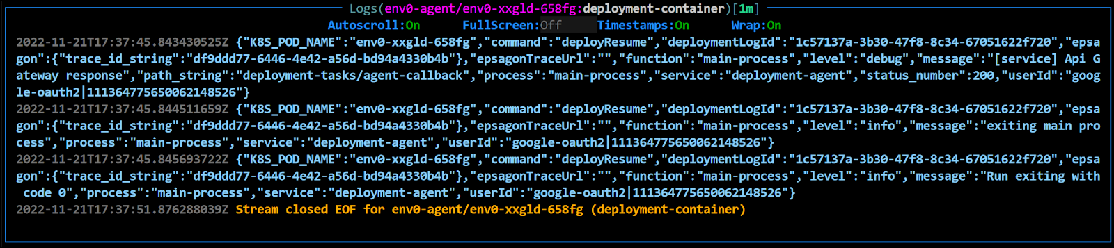 Deployment container logs