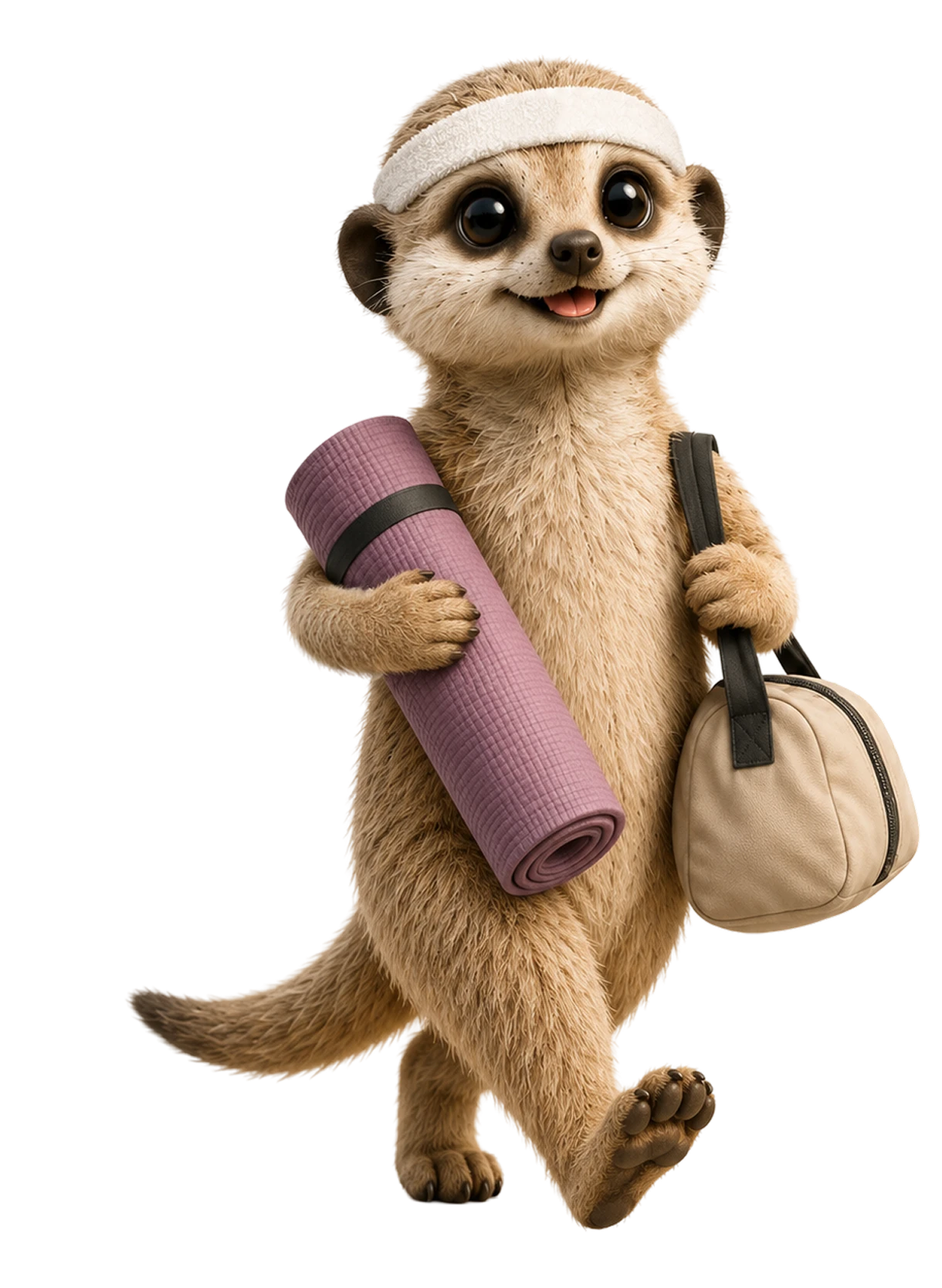 Mascotte suricate Yo'Time avec tapis de yoga et sac de sport