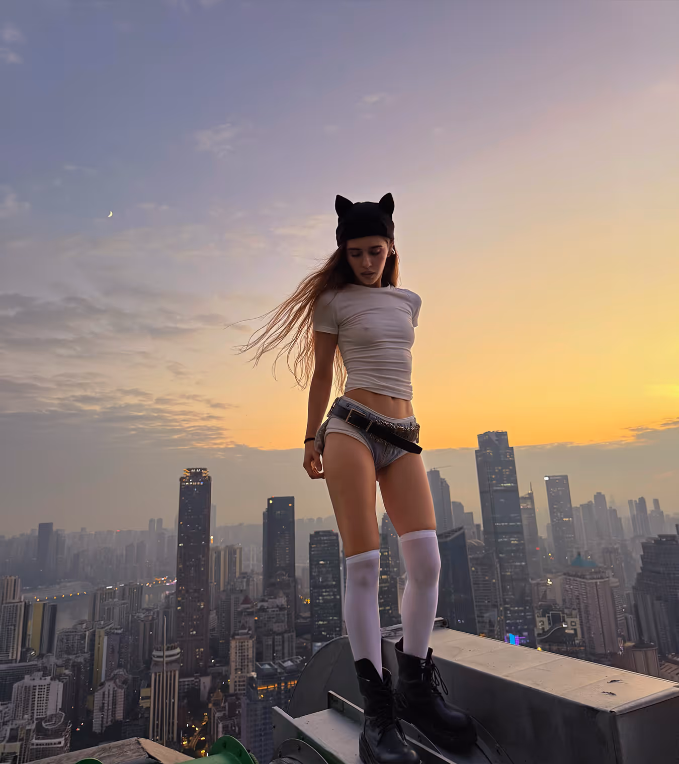 A woman at the edge of a building in stylish outfit at dusk.