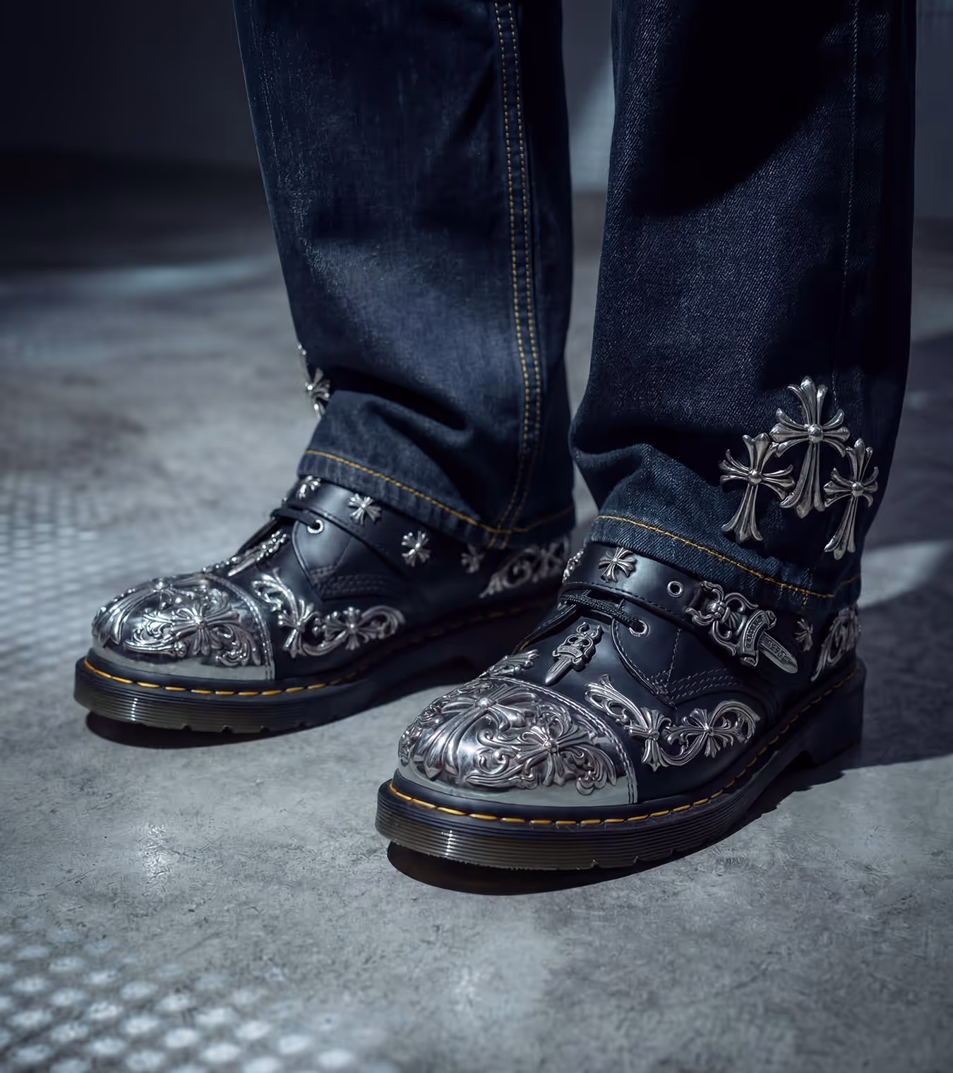 Dr Martens boots with Chrome Hearts detailing.