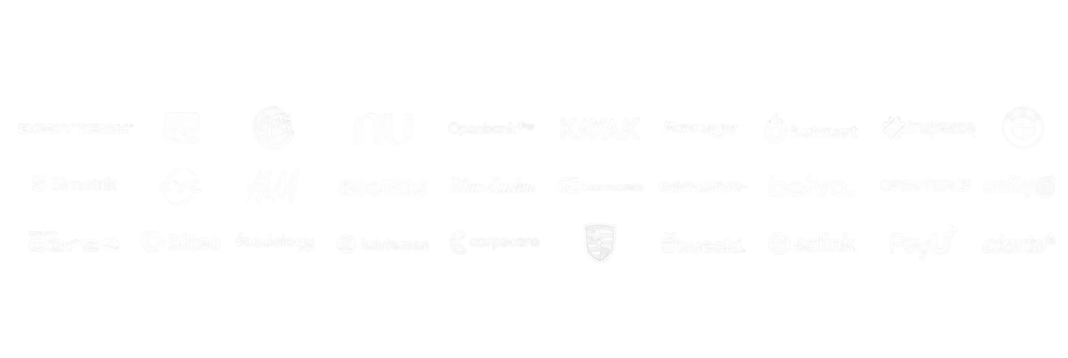Customer logos including Bodytech, XP, Burger King, Nu, Openbank, Kavak, Macropay, Hotmart, BMW, H&M, Bitso and more