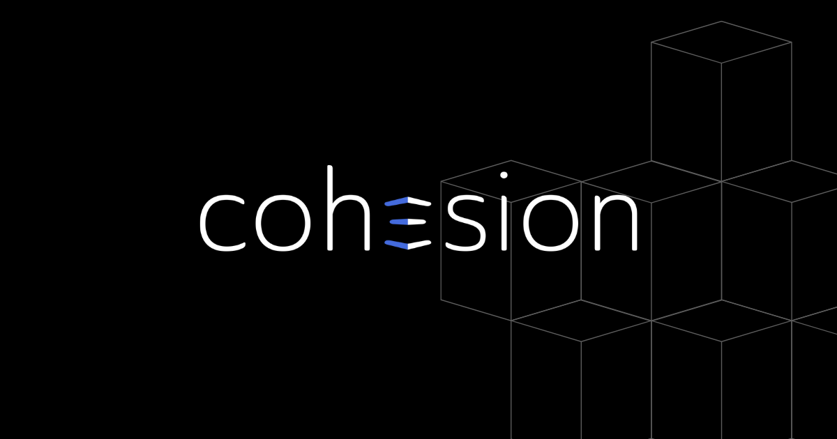 Cohesion logomark in white letters on black background with blue equals sign symbol replacing the letter 'e' and outline of cubes to the right.