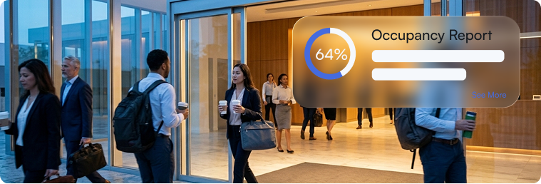 Office entrance with people walking and interacting, overlay showing an occupancy report at 64%.