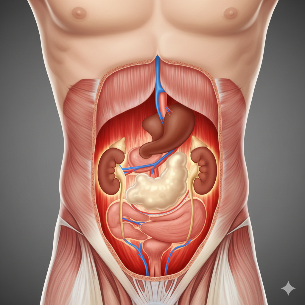 Medical illustration of a horseshoe kidney anomaly in the human abdomen.