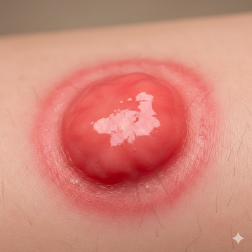 Close-up of a red abscess on human skin.