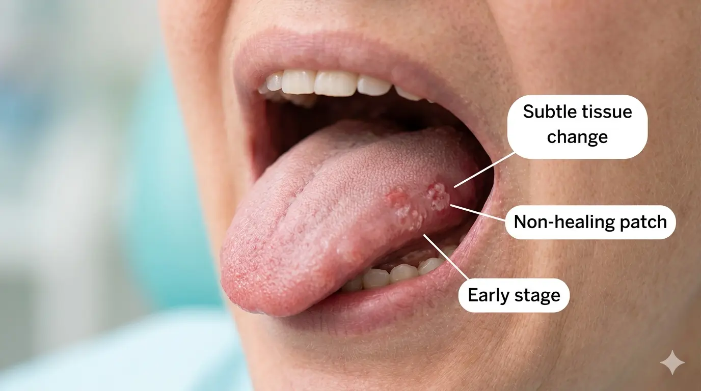 Close-up of a tongue with labels identifying a non-healing patch and subtle tissue changes.