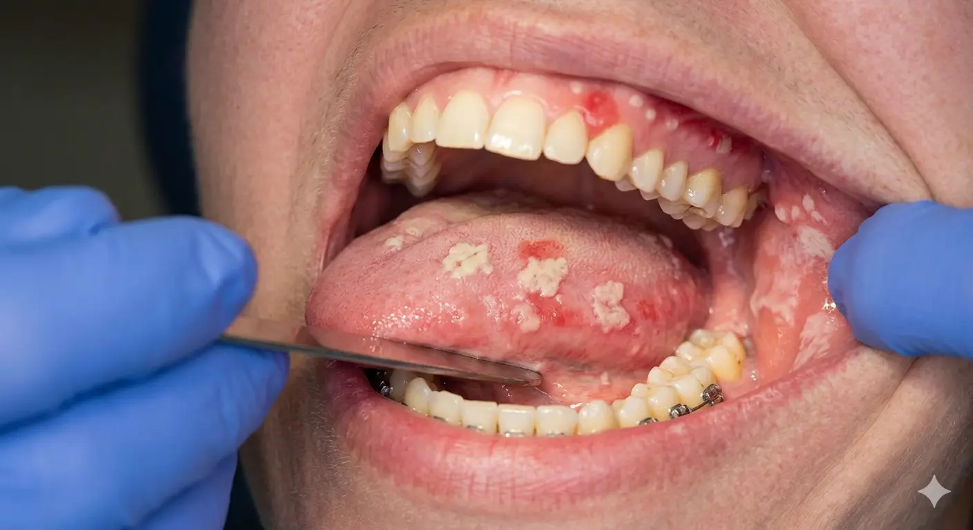 Oral examination showing white patches and red lesions on the tongue and inner cheek.