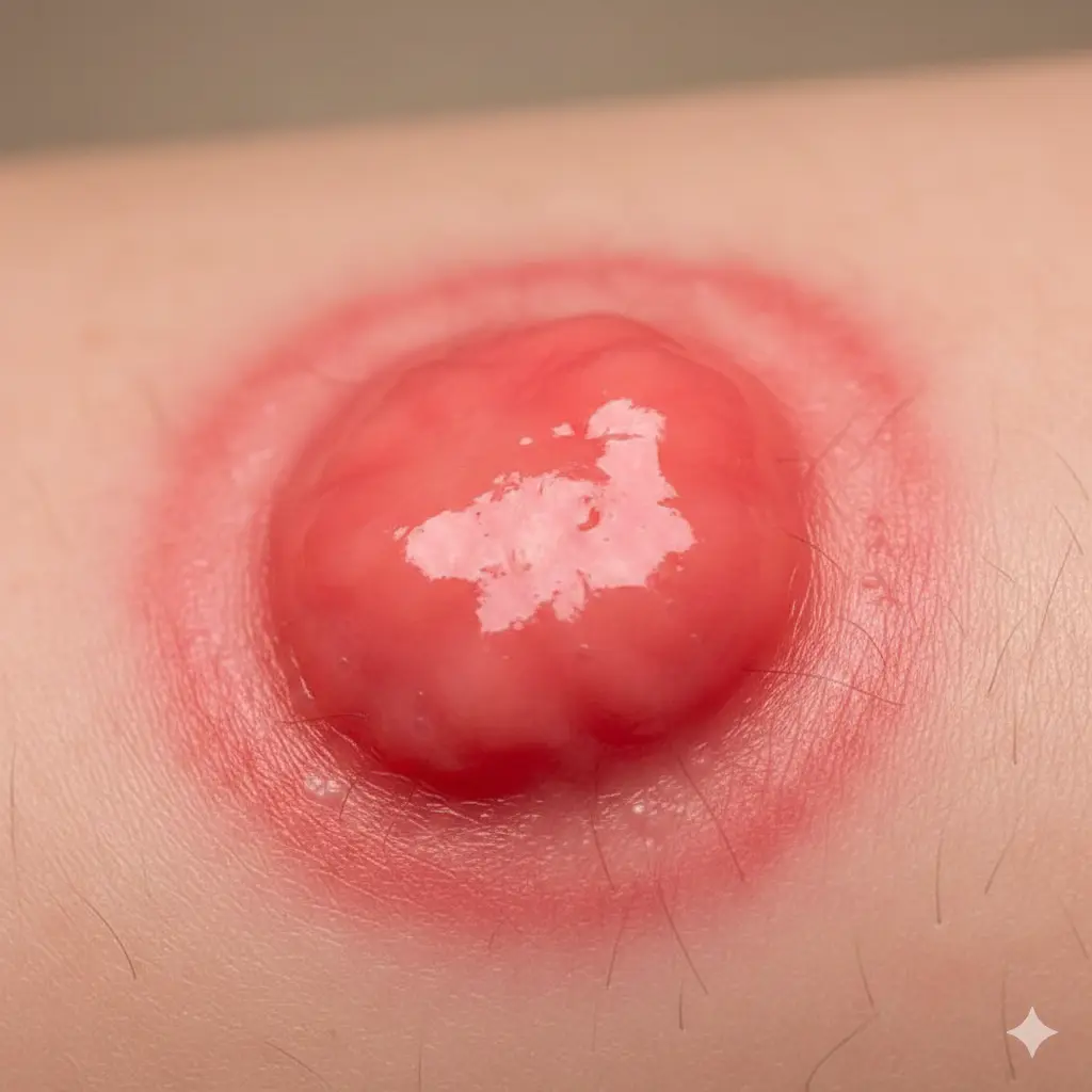 Inflamed and swollen skin abscess or boil on a patient.