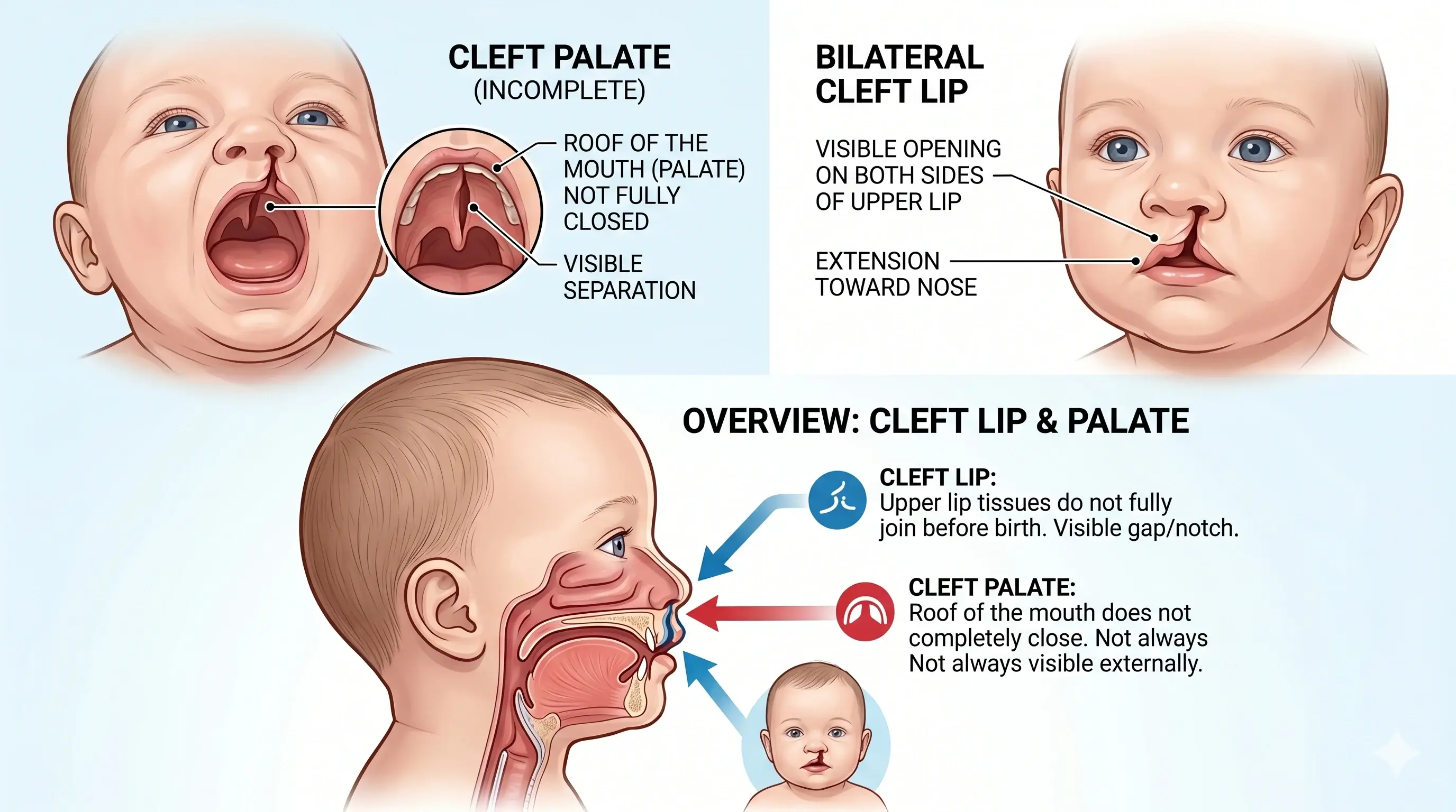 Educational infographic explaining cleft lip and cleft palate anatomy in babies.