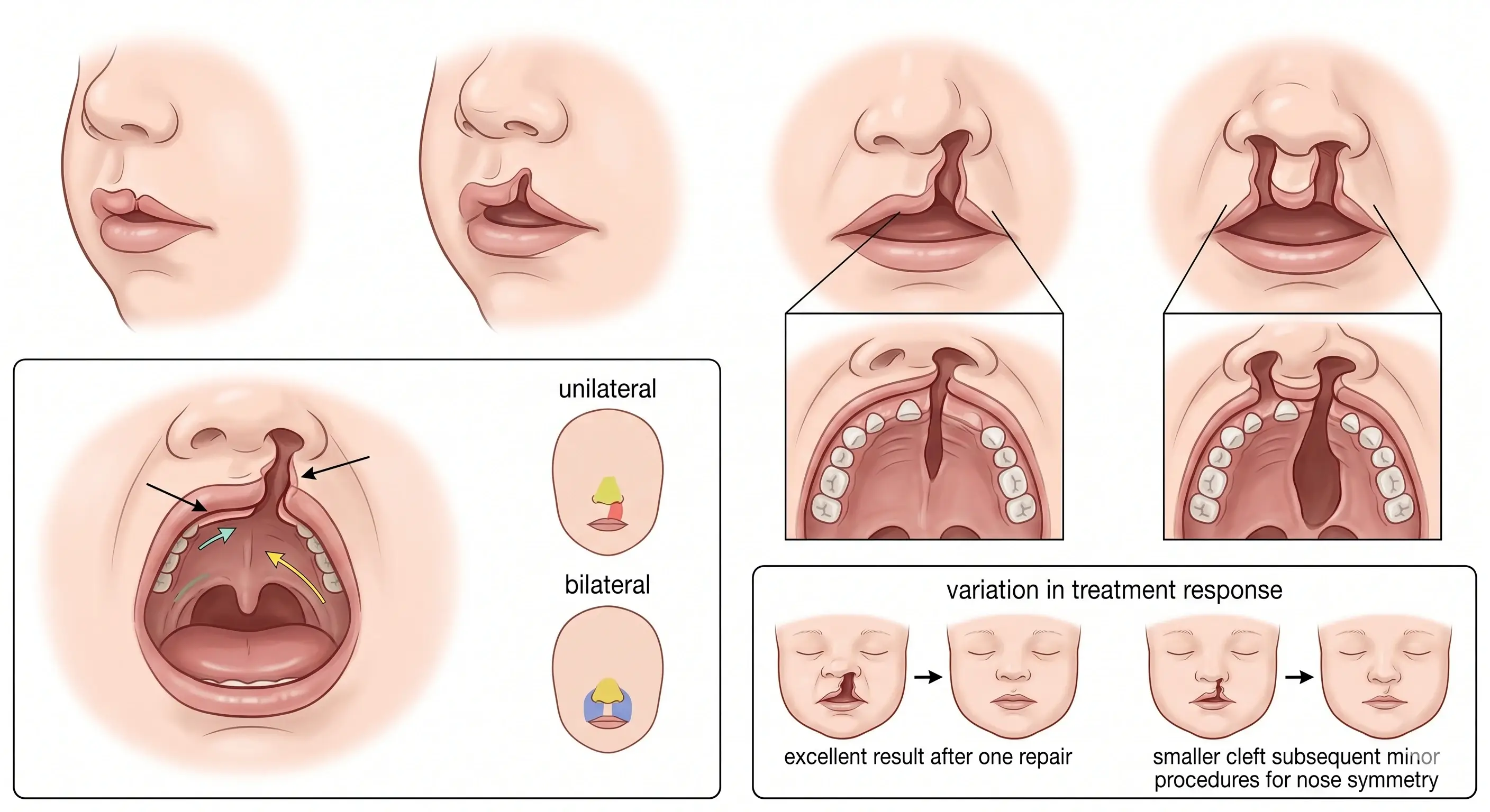 Medical diagram of cleft lip and palate variations and treatment outcomes.