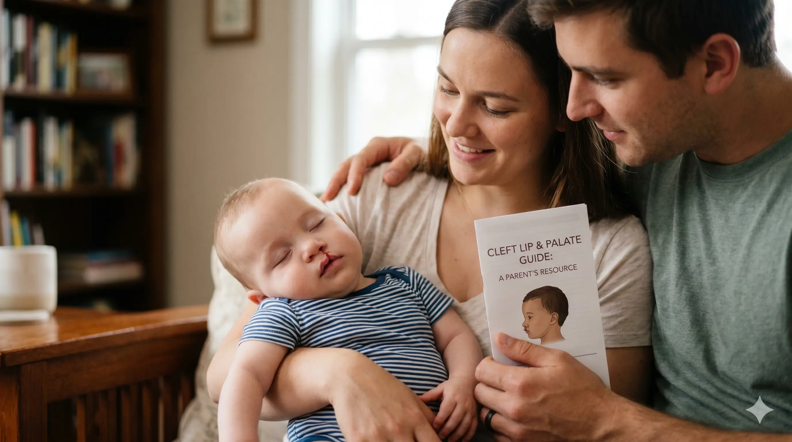 Parents holding a sleeping baby with a cleft lip and a medical resource guide.