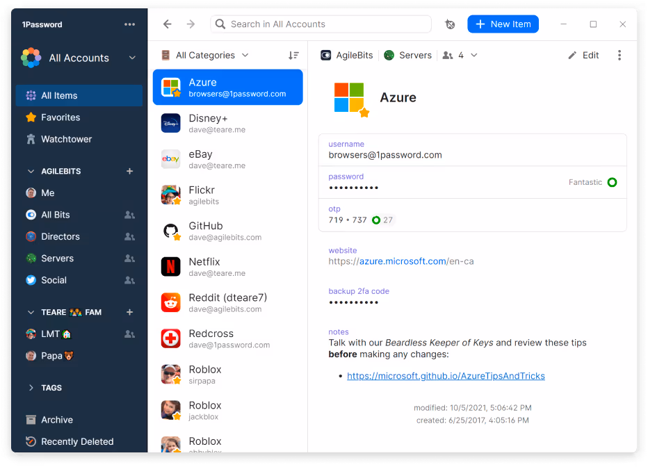 1Password Azure profile