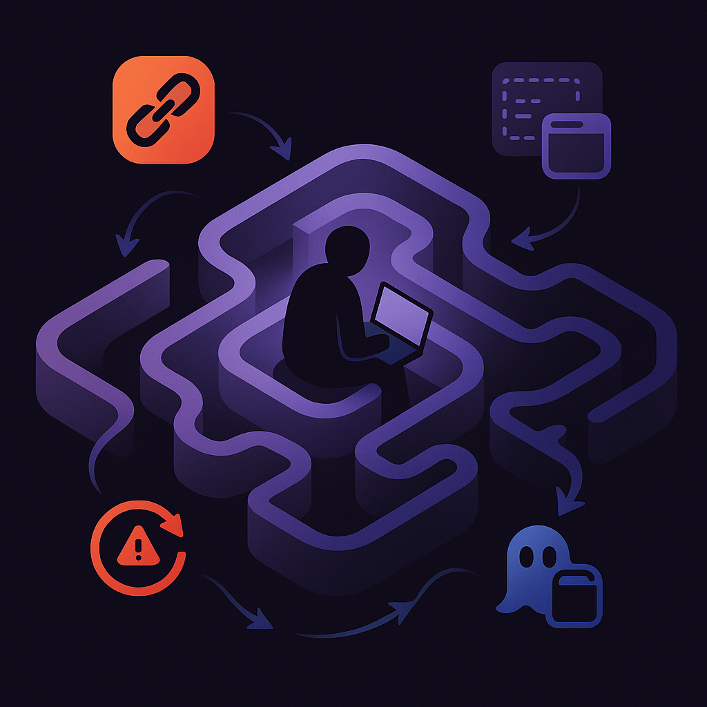 User trapped in a maze of broken links, hidden forms, errors, and reposting symbols representing failed manual opt outs