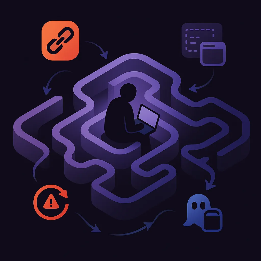 User trapped in a maze of broken links, hidden forms, errors, and reposting symbols representing failed manual opt outs