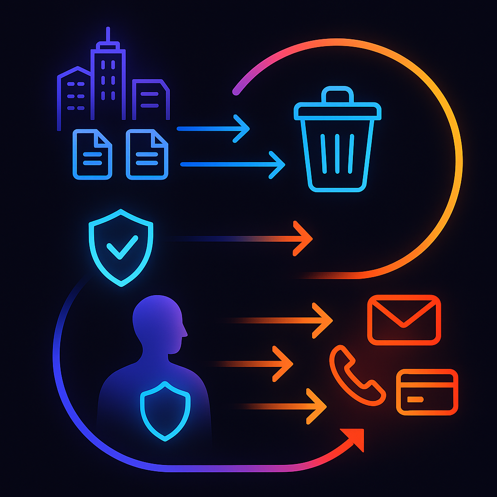 Flow diagram of Cloaked deleting broker data and shielding future data with alias email, phone, and card icons