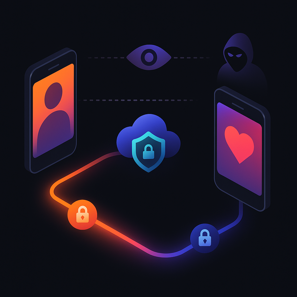 Diagram comparing unsecured call path versus locked, encrypted VoIP tunnel between two phones