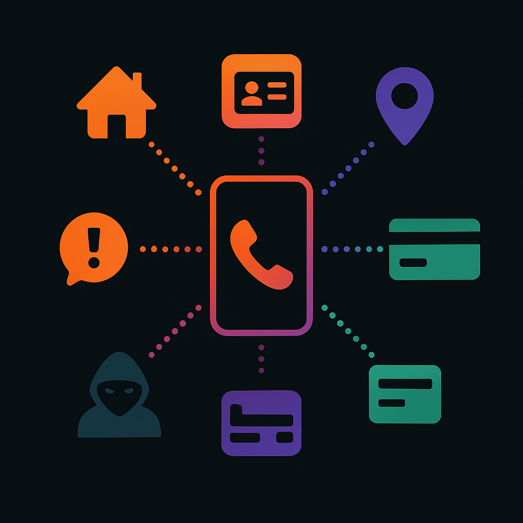 Vector phone with lines linking to icons for home, ID, location, hacker, spam, showing data exposure risks