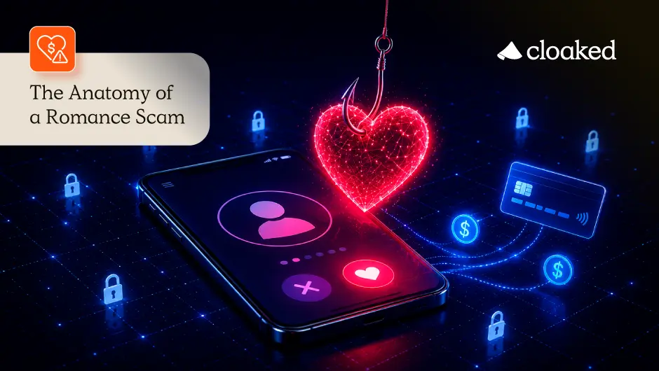 A phone with blue tech visuals surrounding it, and a heart is hanging off of a fishhook slightly above it.