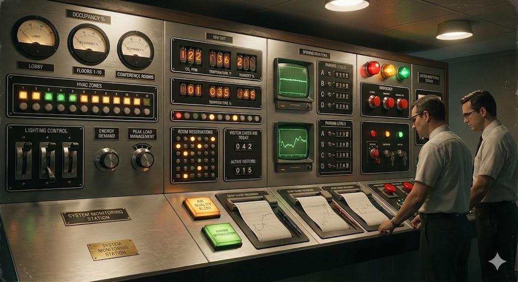 Vintage-style building control panel with analog gauges, switches, and indicator lights displaying modern smart building metrics including occupancy, air quality, energy usage, visitor management, and parking availability