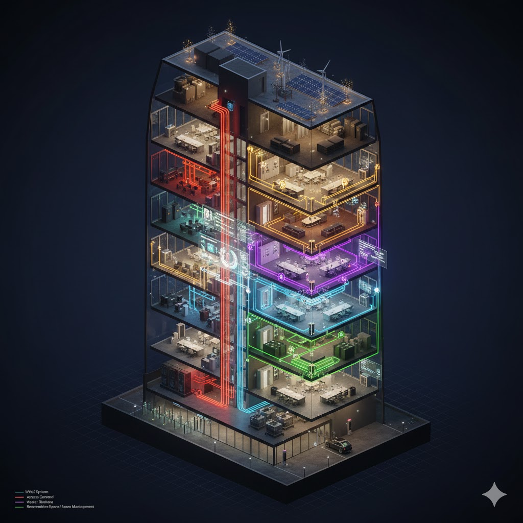 Isometric cutaway view of a high-rise office building revealing color-coded smart building systems including HVAC in orange, lighting in yellow, access control in blue, energy management in green, and elevator systems in white, all interconnected through a central control hub