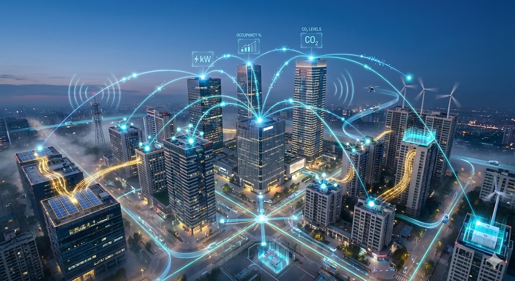 Aerial view of a futuristic cityscape at dusk showing illuminated buildings connected by glowing blue data streams to urban grid infrastructure, with visible energy flows and communication networks