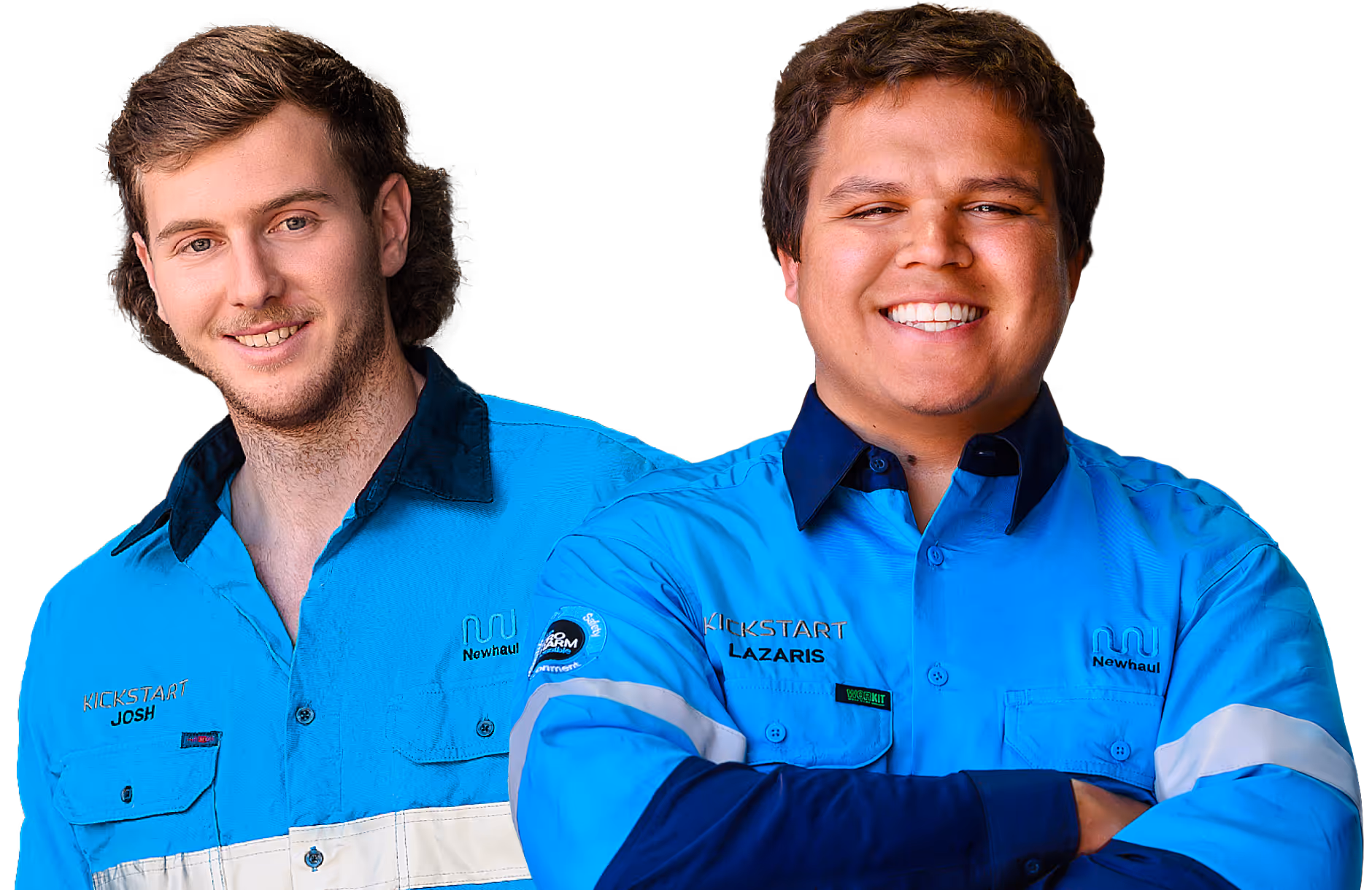 Two men smiling wearing blue Newhaul work shirts, one named Josh and the other Lazaris.