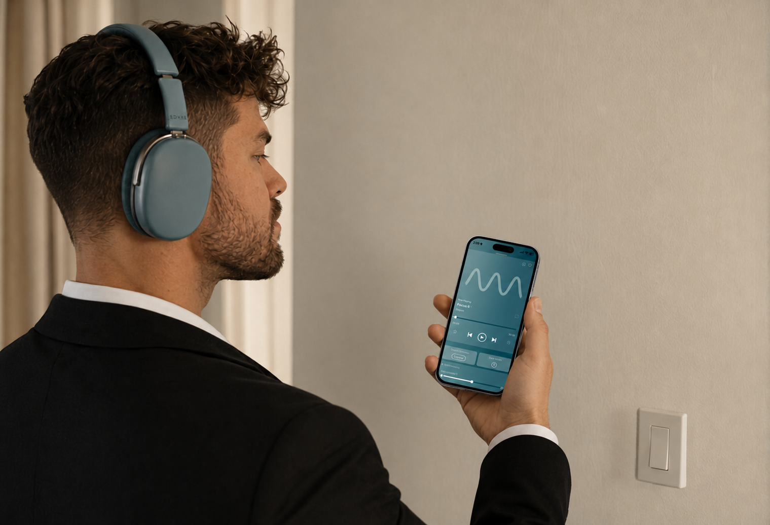 Person wearing headphones, eyes closed, immersed in a sound frequency.