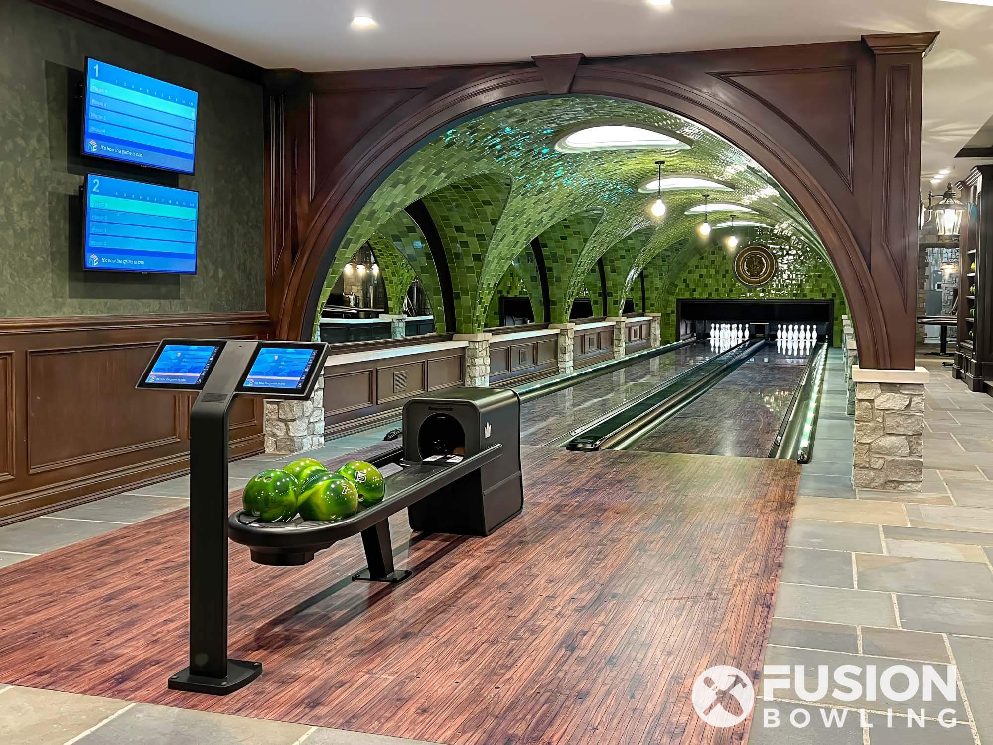 Residential bowling alley with dark wood trim in Michigan.