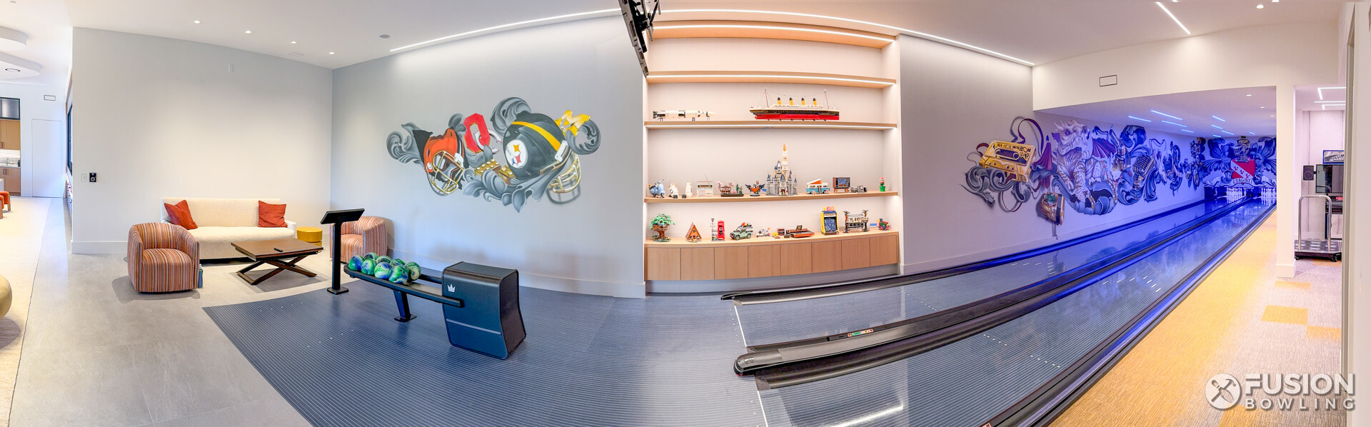 Panoramic shot of a home bowling alley.