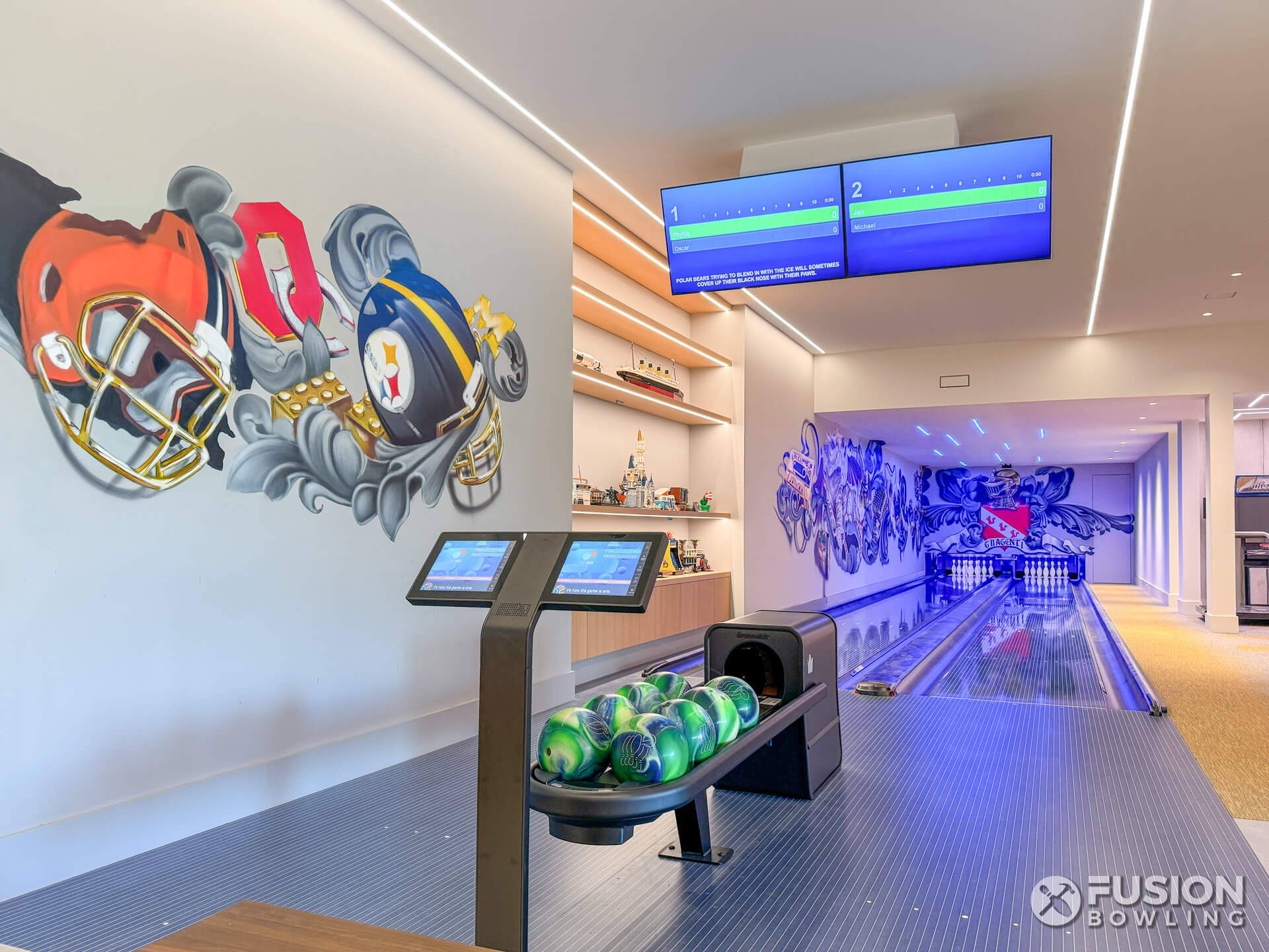 Bowling room with blue bowling lanes installed by Fusion Bowling in Virginia.