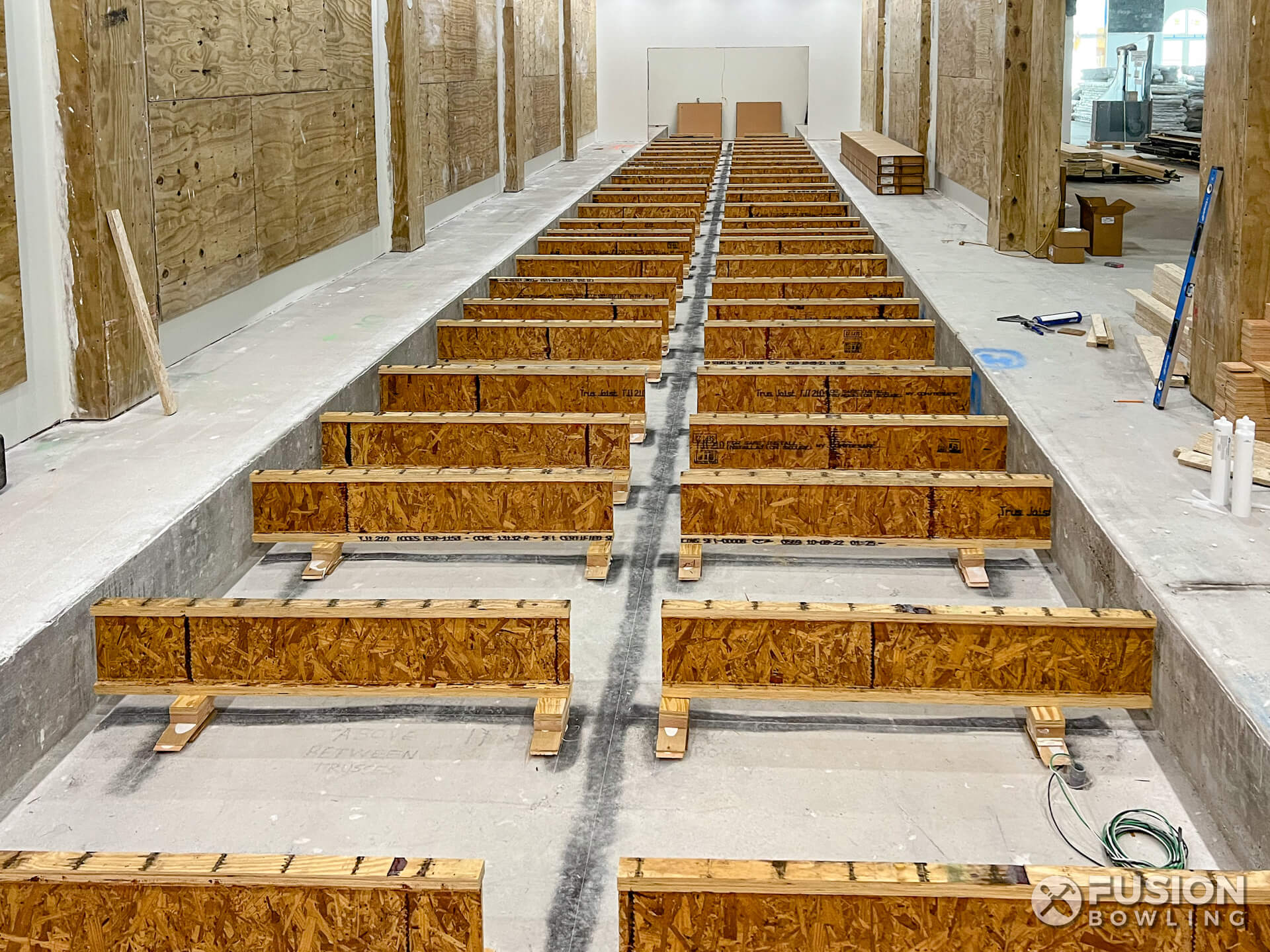 I-joists under a private in-home bowling alley installation by Fusion Bowling in South Florida near Miami.