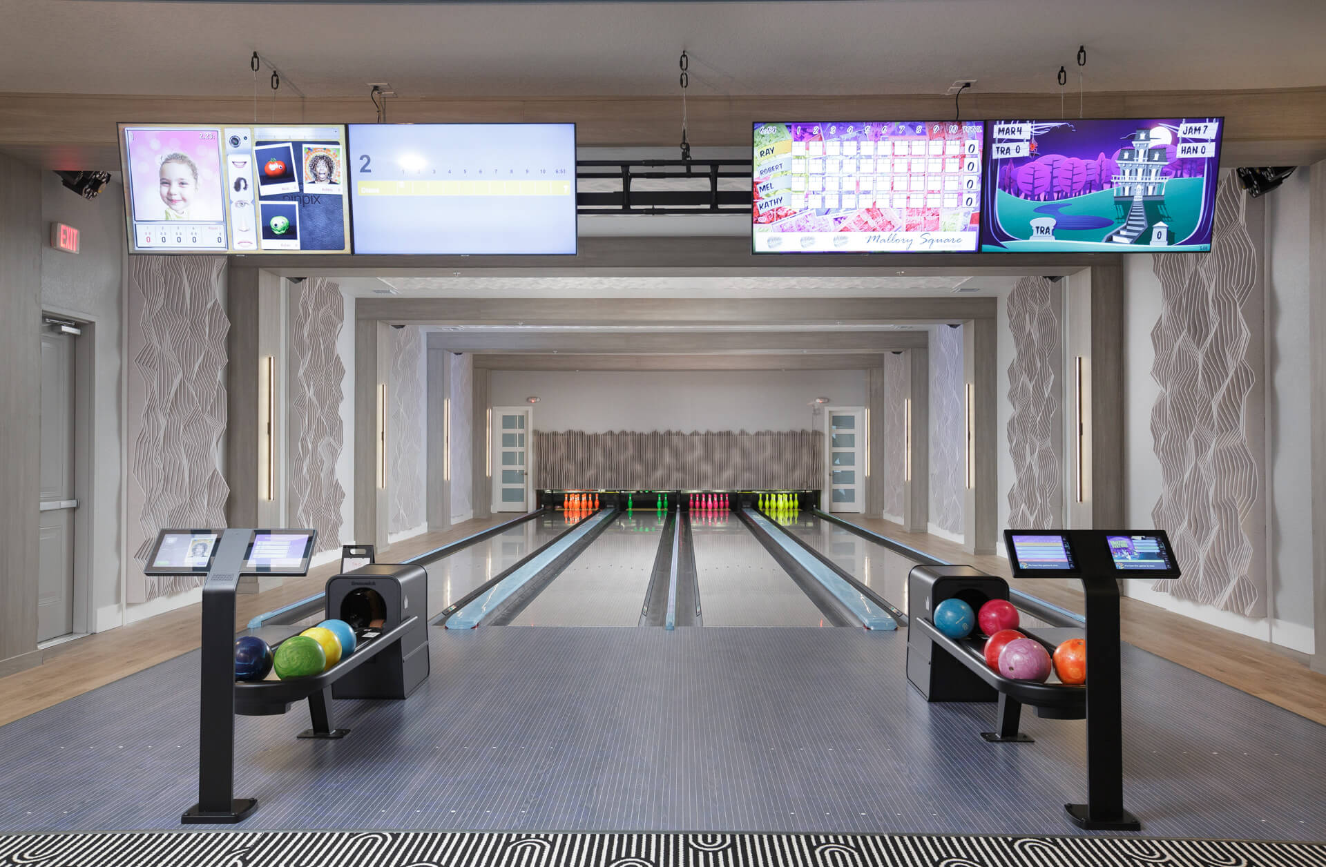 Four-lane bowling alley built by Fusion Bowling at Mallory Square apartment complex in Orlando, Florida.