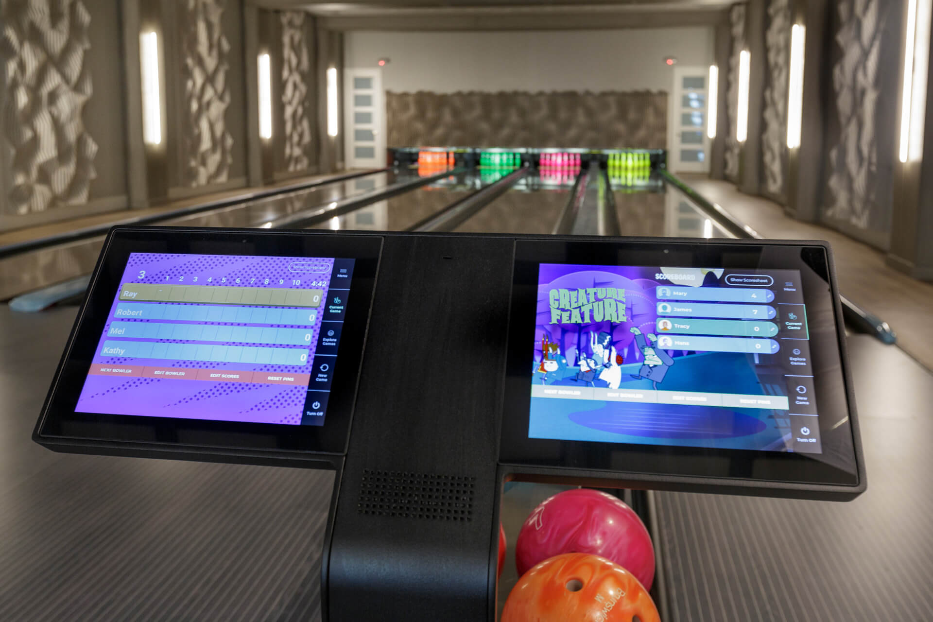 Bowling alley touchscreen control pedestal.