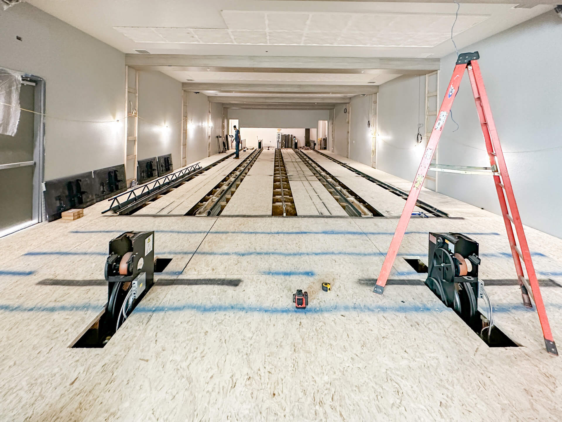 Bowling alley construction in progress by Fusion Bowling's installers in Florida.