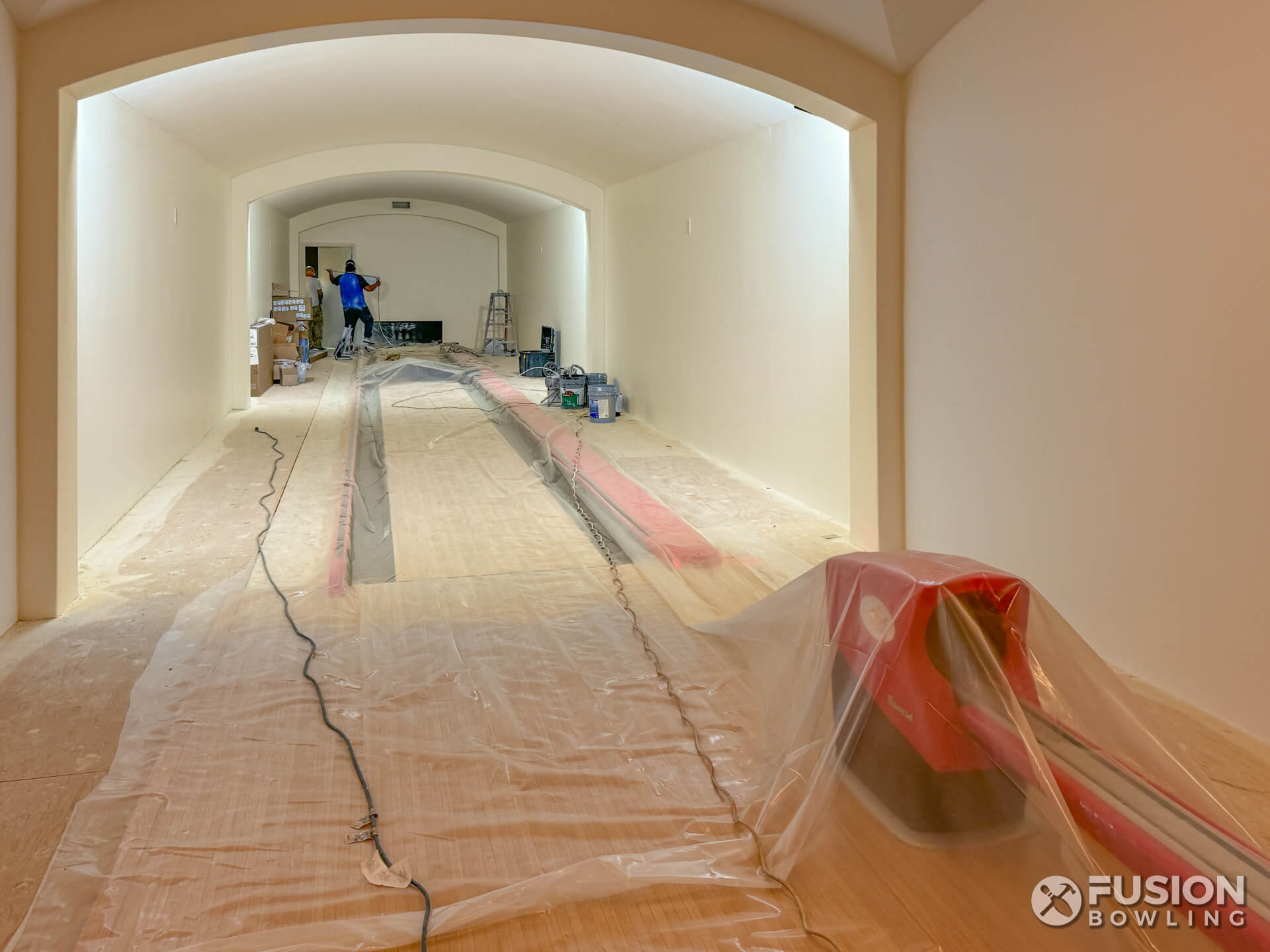 Fusion Bowling installed this single-lane in-home private bowling alley in Arizona, still under construction.
