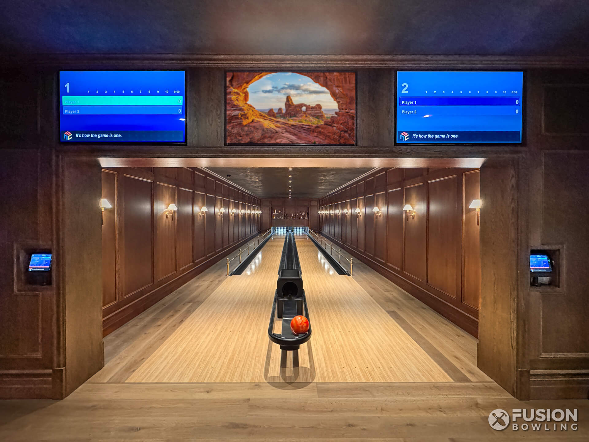 2-lane custom residential bowling alley installed in Utah by Fusion Bowling.