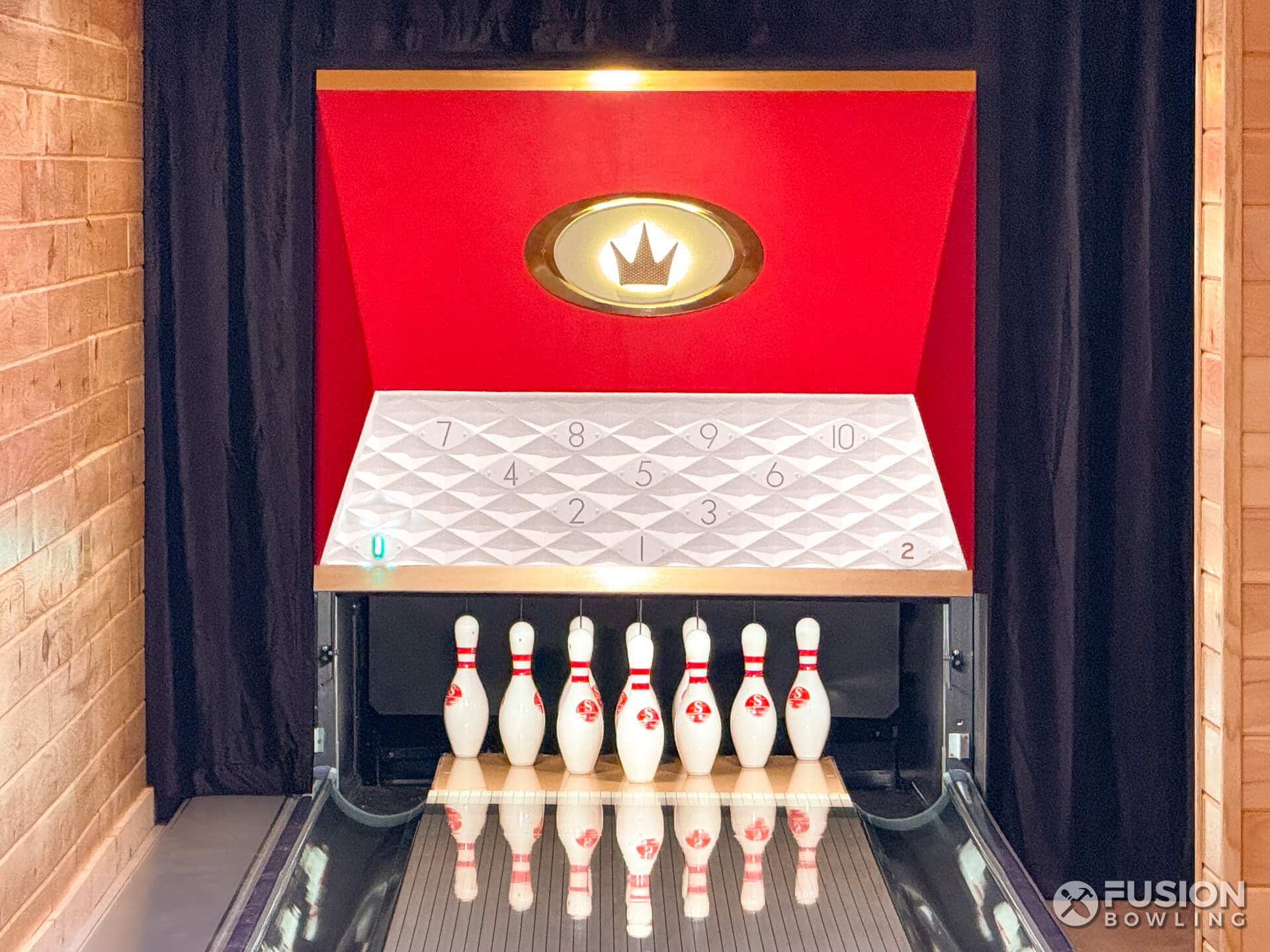 Restored red vintage salvaged Brunswick Gold Crown masking unit with LED pindicator lights.